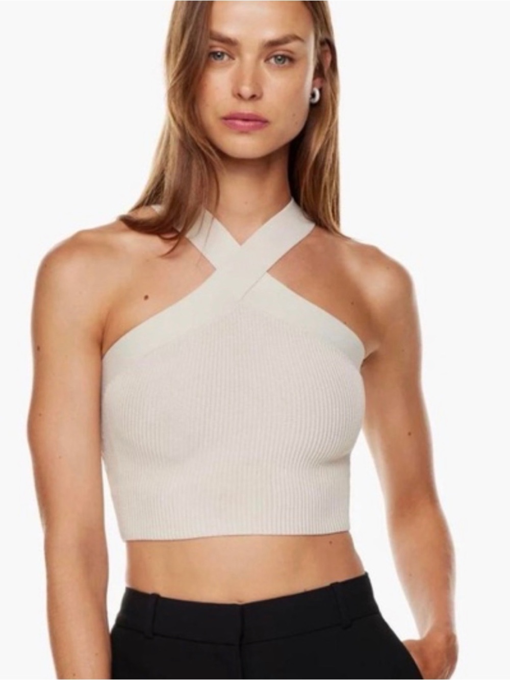 Aritzia Babaton Sculpt Knit Criss Cross Cropped Tank Top 2XS Light Gray